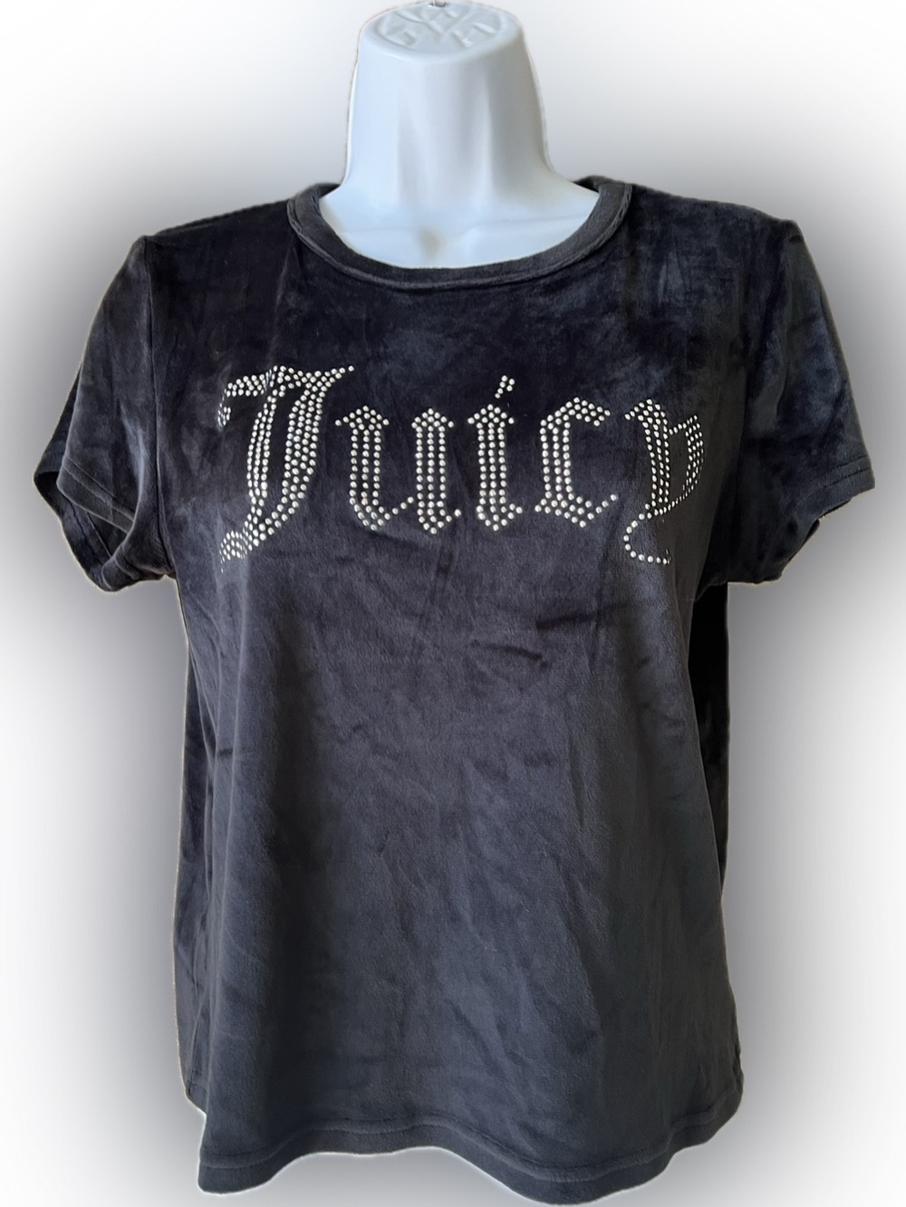 Juicy Couture black velvet short sleeves fitted tee top L bust: 38”